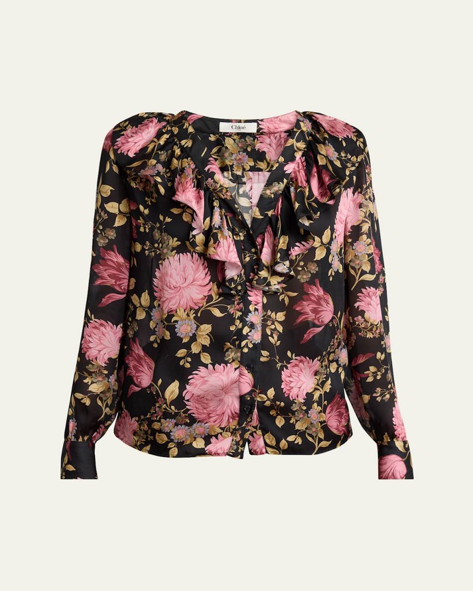 Floral Ruffle-Trim Button Down Silk Top